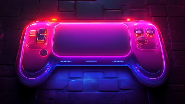 Futuristic glowing gamepad on dark surface.