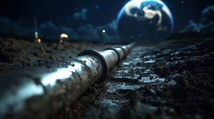 Pipeline on the Moon's Surface with Earth in the Background