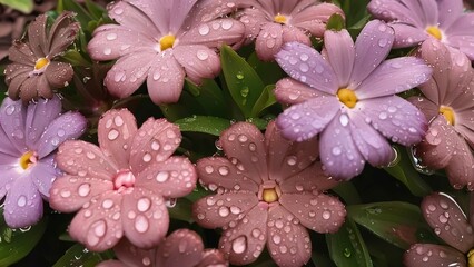 there are several small pink flowers with water drops all over them and green leaves on top