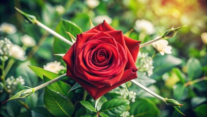 Elegant red rose with a bold, pointed arrow piercing through its center, surrounded by lush greenery and soft white petals