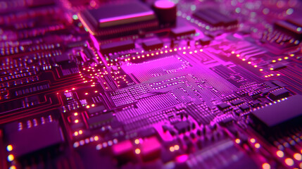 Obraz premium Close-up of a circuit board with glowing lines representing data transfer