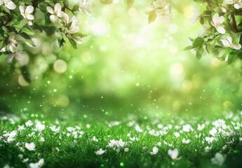 Obraz premium Vibrant Spring Landscape with Beautiful Apple Blossoms Framing a Lush Green Meadow Bathed in Soft Light, Perfect for Nature Themed Projects and Designs