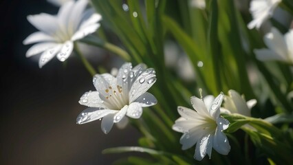 Obraz premium a group of white flowers sitting on top of a green field of grass filled with raindrops