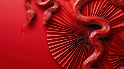 Naklejka premium Chinese new year 2025 concept,Red snake flat lay top view, Happy Chinese new year with Red envelope and gold ingot,blessing, wealth on red background with copy space for your text.