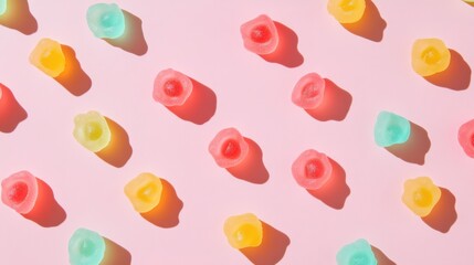 Falling Colorful jelly gummy bear with cloud,blue sky and rainbow,selective focus.