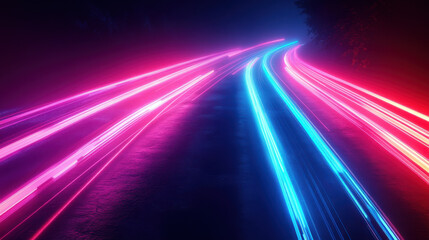 Abstract blurred light speed motion of a road in a night city, a futuristic concept background for technology and science