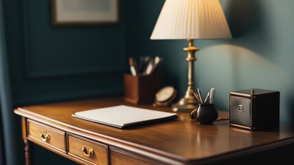 A cozy workspace featuring a desk with warm lighting and decor.