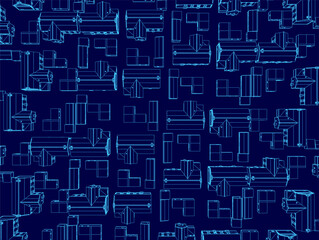 Blue image of a cityscape with many buildings and a lot of detail. many buildings and a lot of detail