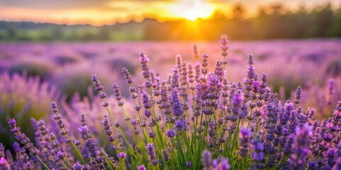 Fototapeta premium Meadow of lavender bathed in morning light, lavender, sunrise, field, purple, flowers, nature, beauty, peaceful, tranquil