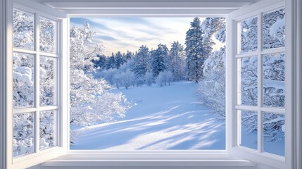 Modern residential window view of snowy background,christmas tree and gift boxes.Snowy glittering winter landscape with space for products and decorations,Happy christmas time,snowfall.