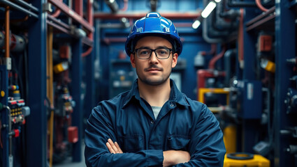 Electric Engineer Portrait Wearing Safety Helmet and Blue Safety Clothes