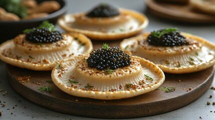 Gourmet appetizers, mushroom cups filled with caviar, garnished with dill and spices on a wooden board.