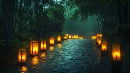 Fototapeta premium Misty bamboo forest path lit by lanterns at night.