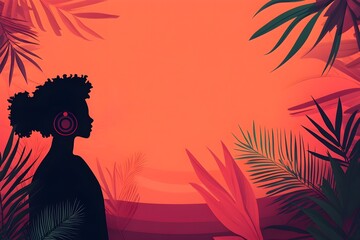 A woman is standing in front of a forest with a red background