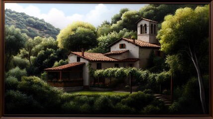 Fototapeta premium Tuscan Villa in the Verdant Hills: A Serene Landscape