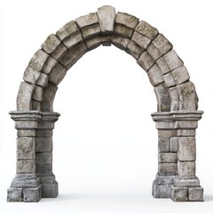Ancient stone archway, weathered, isolated on white.