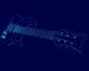 Blue guitar with headstock and a blue pick guard. The guitar is shown in a stylized way, with the strings and frets drawn in blue. Concept of creativity and artistic expression