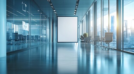 Trade Show Banner Mockup features an empty banner in a sleek, modern office, surrounded by glass and city skyline views.