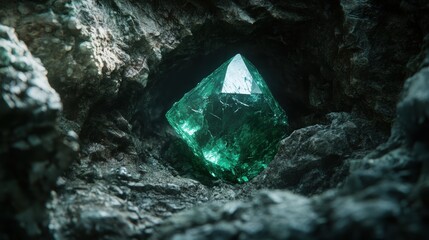 Obraz premium Luminous Emerald Crystal Gleaming among Rocky Cave Formation