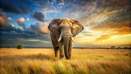 Fototapeta premium Majestic elephant standing in a savanna , wildlife, tusks, trunk, safari, Africa, endangered, large mammal, grey
