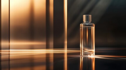 Elegant Glass Bottle with Reflection on Warm Metallic Background