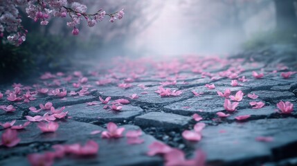 Tranquil Pathway Covered in Pink Flower Petals with Foggy Background