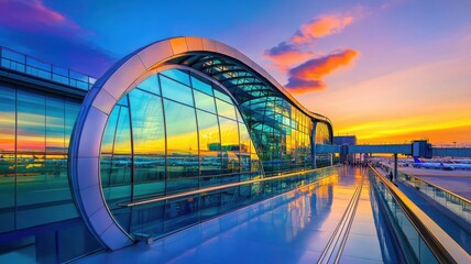 Obraz premium A stunning airport terminal with a vibrant sunset backdrop.