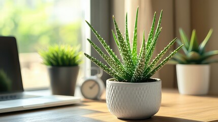Aloe Vera Plant in Pot on Wooden Desk
