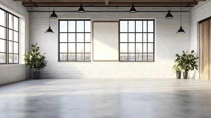 Obraz premium Spacious interior featuring a Trade Show Banner Mockup with natural light, plants, and modern industrial elements for a fresh feel.