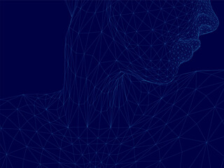 Blue background with a person in the middle. The person is surrounded by a lot of dots