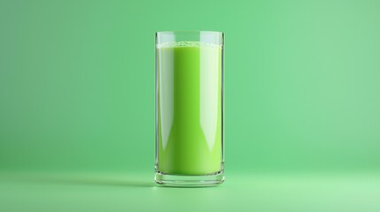 Green Vegetable Smoothie in Transparent Glass on Solid Green Background
