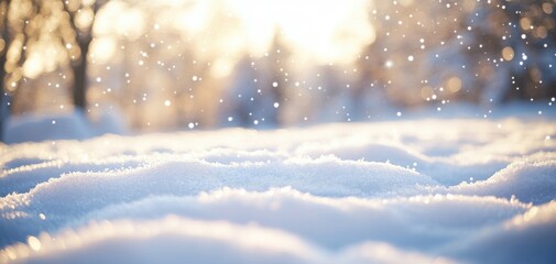 Winter Wonderland Scene with Soft Snow Under Bright Sunlight, Sparkling Snowflakes Falling Gently on a Tranquil Landscape of Winter Nature Bliss