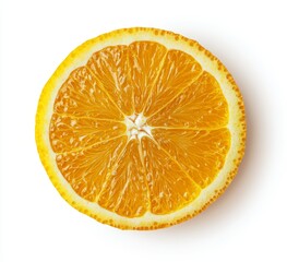A perfectly sliced orange half, showing its juicy segments and vibrant color against a white background.