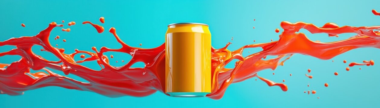 A vibrant splash of red liquid around a yellow soda can.