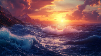 Fototapeta premium Rocky coastline with waves crashing against cliffs during sunset 