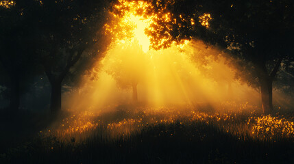 
Sunrise over a peaceful forest with golden light breaking through the trees 