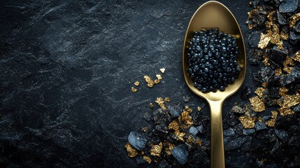 Gourmet black caviar in a golden spoon on a dark stone background with gold flakes.