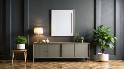 Mockup frame on cabinet in living room interior on empty dark wall background, mockup, frame, cabinet, living room, interior, empty