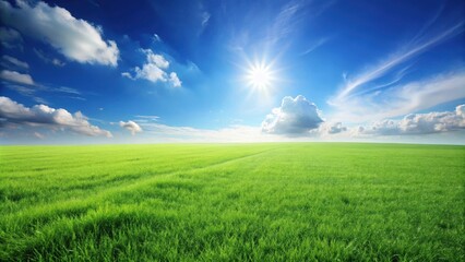 Obraz premium Lush green grass field under a clear blue sky, grass, field, meadow, nature, green, landscape, vibrant, outdoors, environment