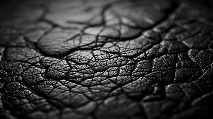 macro closeup of textured black leather, intricate cracks and patterns. Dark textured background. Ideal for textures, design elements and abstract photography.