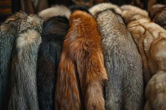 Various luxurious fur pelts in different colors and textures displayed together.