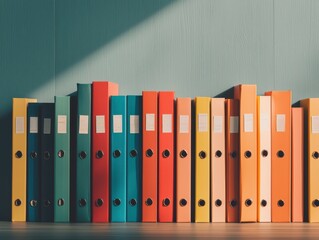 Colorful binders organized on a shelf creating a vibrant workspace.