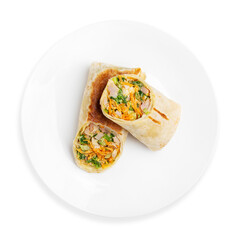 Shawarma, shaverma, doner with chicken and vegetables, on a white background, isolated. Top view.
