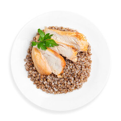 Chicken breast with buckwheat, on a white background, isolated. Top view.