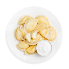 Dumplings with cottage cheese and sour cream, on a white background, isolated. Top view.