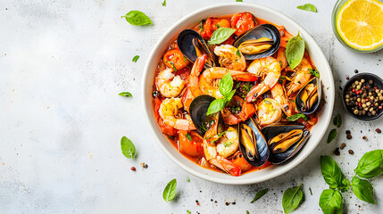 Delicious seafood stew with mussels and prawns in tomato sauce