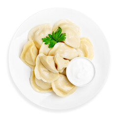 Dumplings with potatoes and sour cream, on a white background, isolated. Top view.