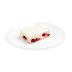 Cottage cheese casserole with cherries, on a white background, isolated.