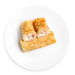 Russian pancakes with cheese and salmon, on a white background, isolated. Top view.