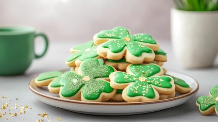 Colorful green shamrock cookies stacked on a plate, decorated with sparkling sugar, perfect for St. Patrick's Day celebrations.